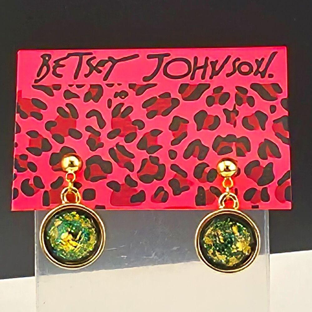 NOC Betsey Johnson Black Gold Green Confetti Ball Dangle Earrings 3/4"